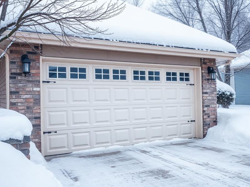 Garage door in winter with snow, showing proper weatherization