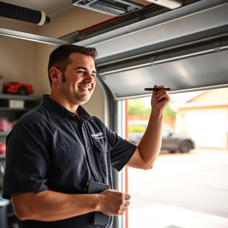 Professional technician inspecting garage door safety features
